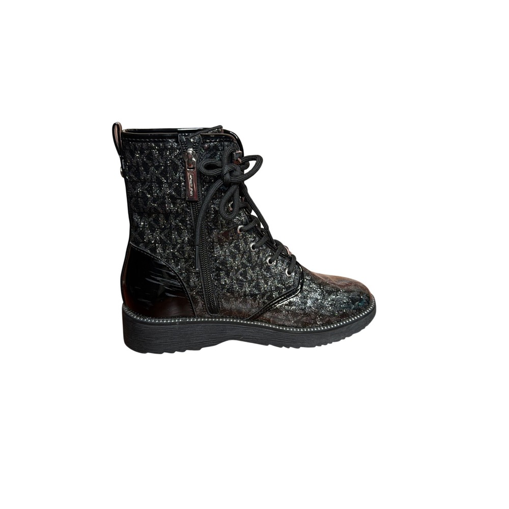 Michael Kors Haskell Syre Black Glitter MK Monogram Combat Boots Girls Size 4